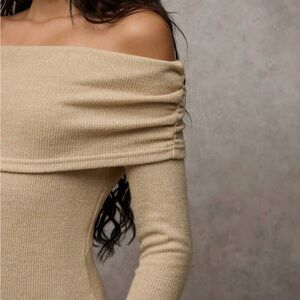 Cream Off-the-Shoulder Sweater with Ribbed Knit Texture